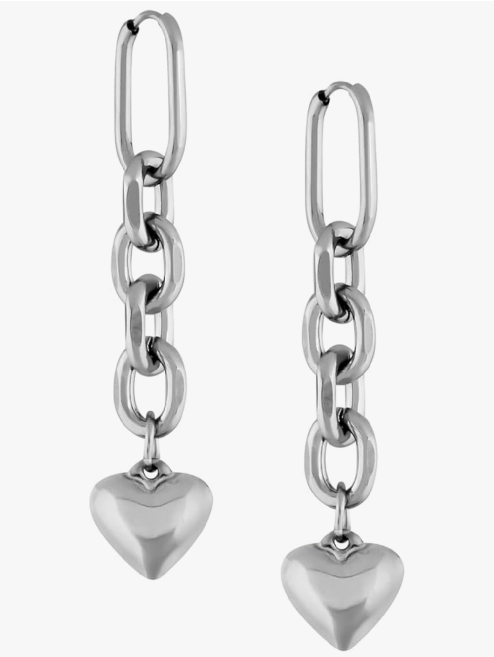 Silver Heart Drop Chain Earrings - Unbranded